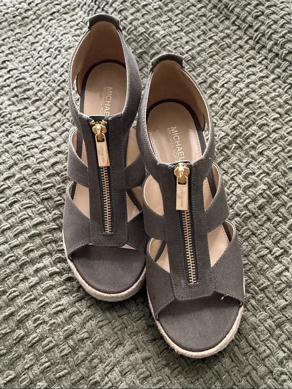 Michael Kors Olive Canvas Espadrille Wedge Sandals with Gold Zip